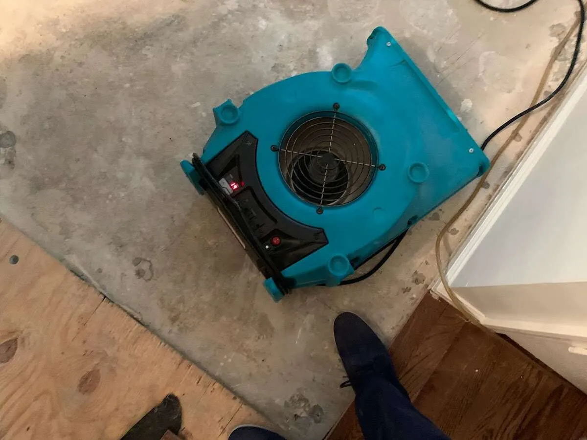 Air mover drying subfloor during Leak Detection & Repair in South Williamsport
